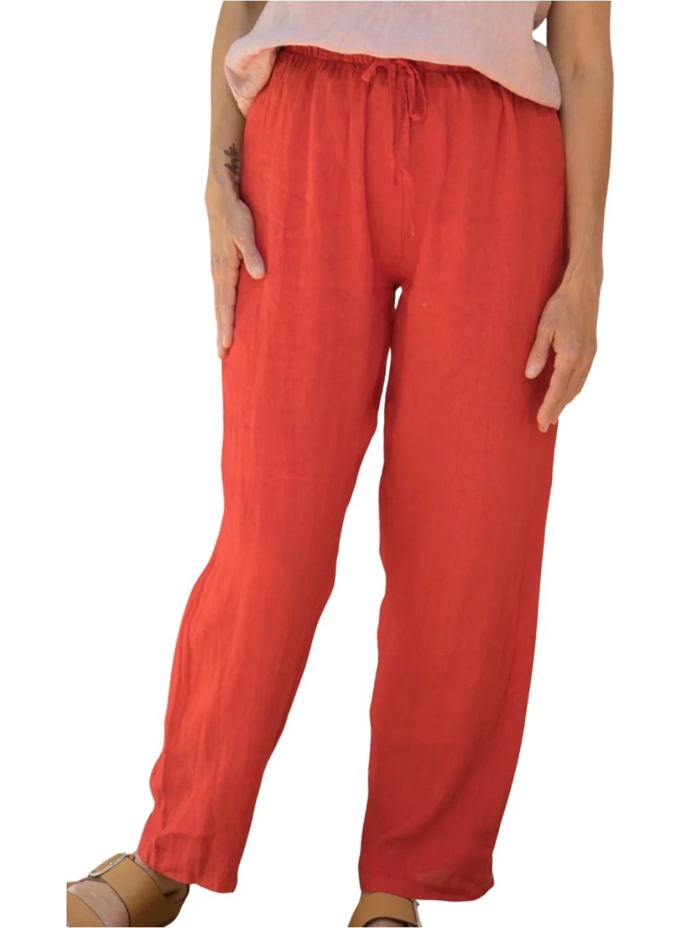 Relaxed Drawstring Linen Pants in Coral Red | Roolee